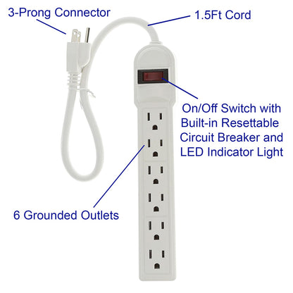 1.5Ft 6-Outlet 15A Power Strip, 14AWG