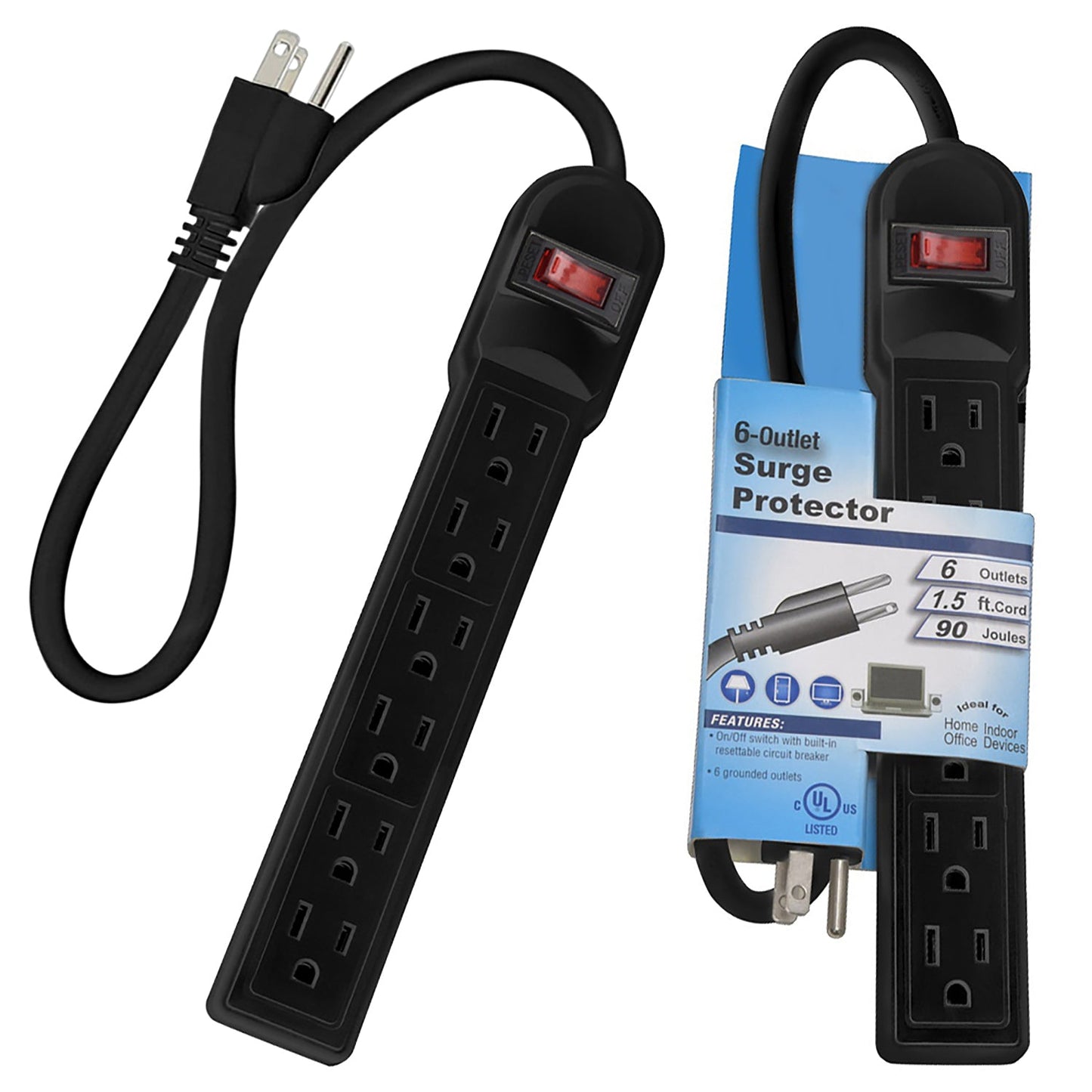 1.5Ft 6-Outlet 15A Power Strip, 14AWG