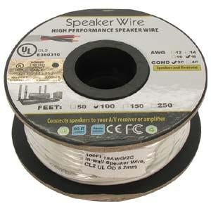 100Ft 18AWG/2C In-wall Speaker Wire, OFC CL2 UL OD-6.2mm White Jacket