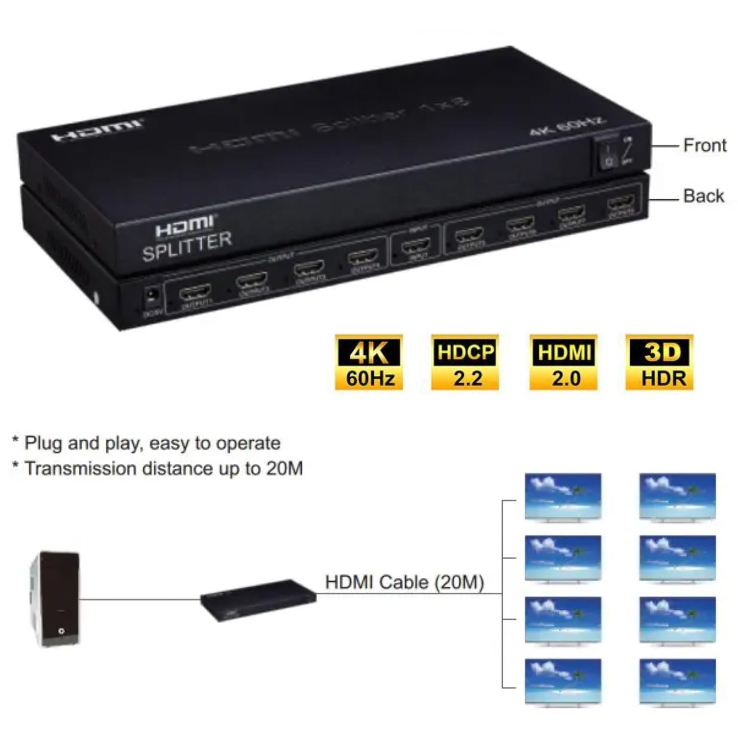 8Way HDMI Splitter 4K@60Hz HDMI v2.0, HDCP 2.2