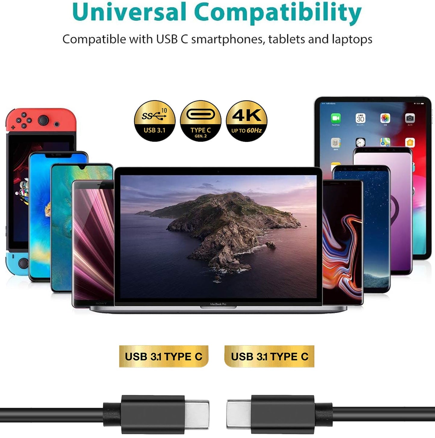 USB Type C Male to Type C Male Cable w/PD Fast Charging